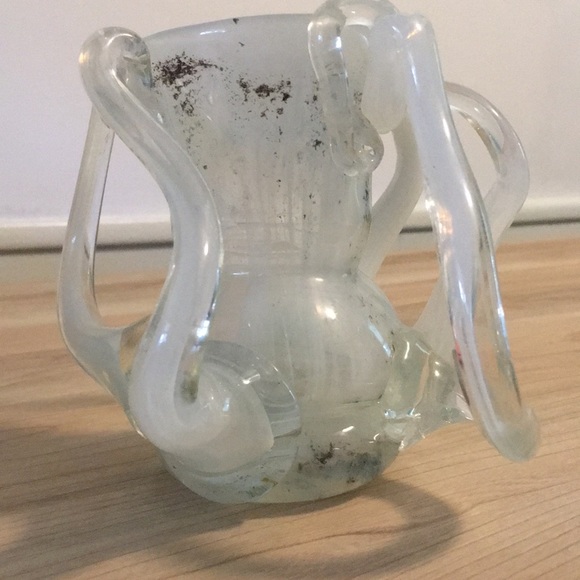 5” tall Handblown vintage one-of-a-kind white milky clear metal fleck heavy vase - Picture 6 of 17